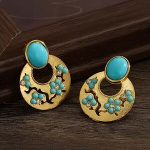 Ethnic Turquoise Sakura Floral Gold Earrings